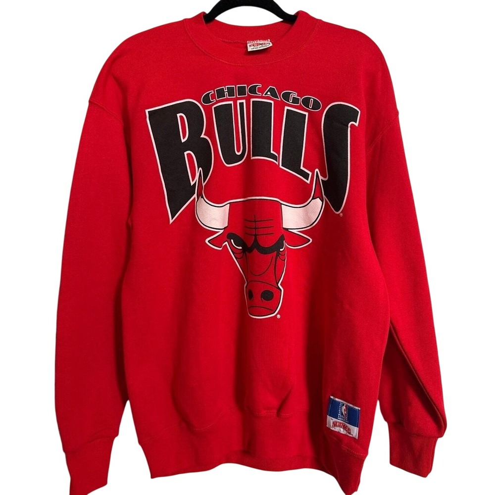 VINTAGE 90s Nutmeg Mills Chicago Bulls Sweatshirt Crewneck Red NBA Large USA